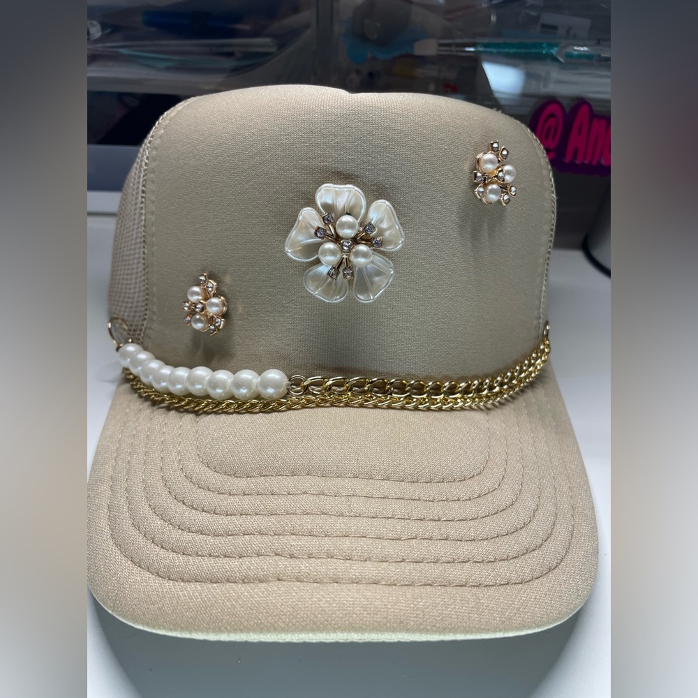 Elegant Tan Cap with Pearl and Gold Accents